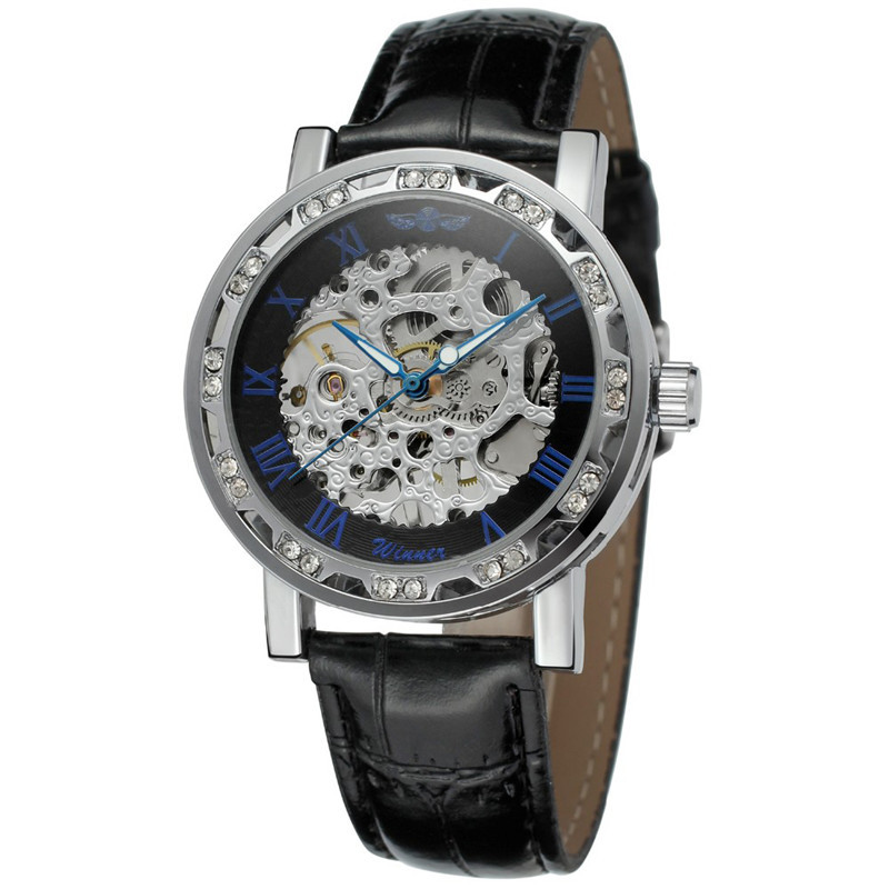 T-winner correa de los hombres reloj mecánico manual hueco transparente inferior moda reloj casual reloj mecánico 614