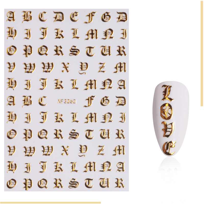 Pegatinas de uñas de letras especiales transfronterizas populares CONJUNTO DE 5 colores pegatinas de uñas de letras inglesas abstractas de oro rosa