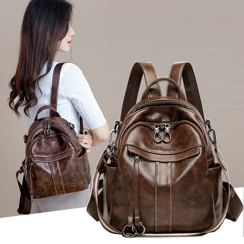 Fashionable anti-theft backpack for women  spring new easy-to-match retro oil wax leather multi-purpose backpack casual travel bag