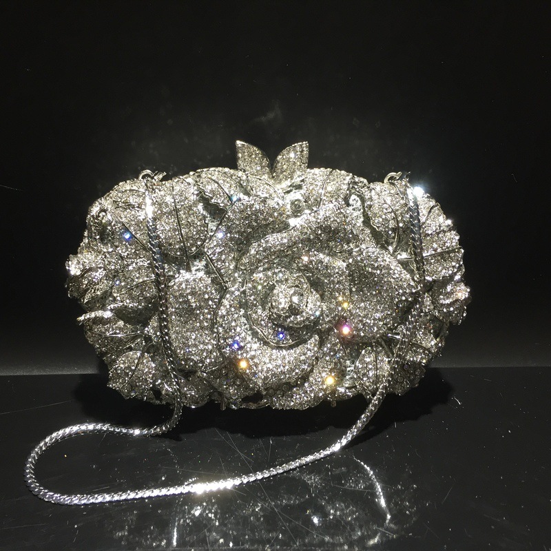 Túi clutch nữ đính kim cương hoa rỗng dạ tiệc — Nền vàng kim cương trắng, Đế vàng kim cương, Màu vàng kim, Màu đen chi tiết 30