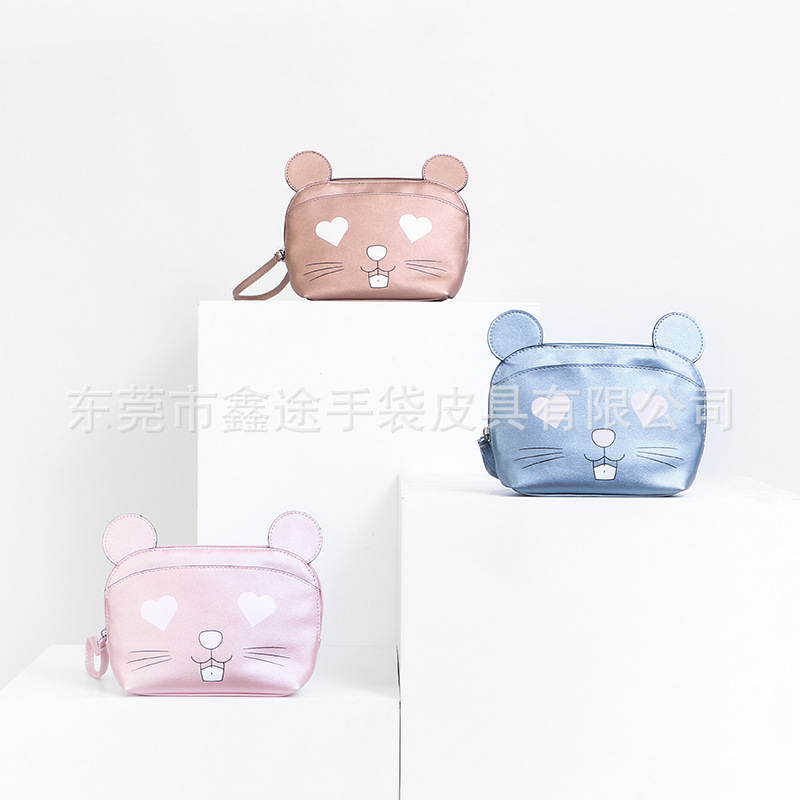 日韩风印花pu化妆包定做 小号可爱卡通老鼠收纳包 自带隐式化妆镜