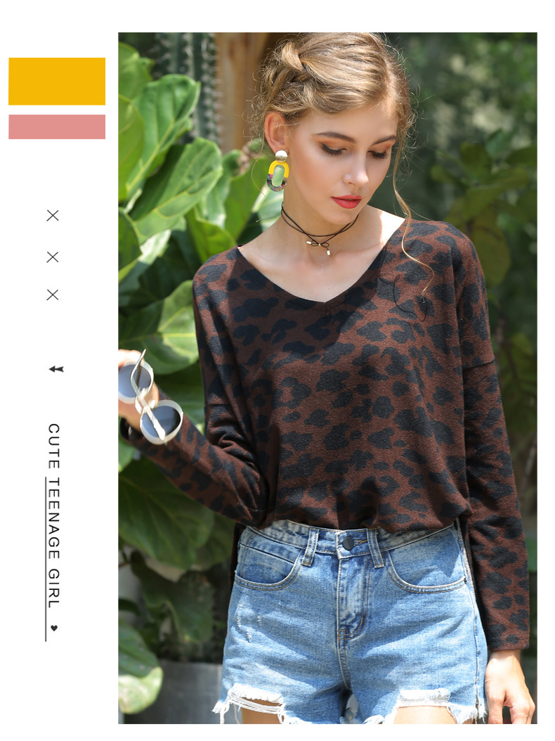 leopard print pullover sweater new loose V-neck long-sleeved T-shirt women s top NSYH7192