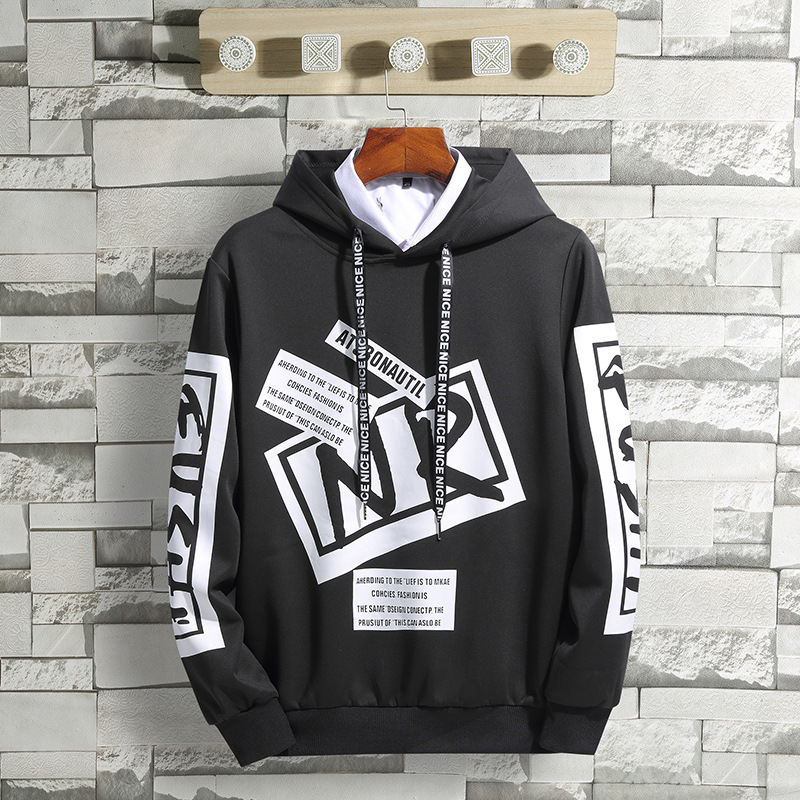 衛衣男秋季2019新品男士寬松韓版黑色潮牌英文印花套頭衫連帽男裝