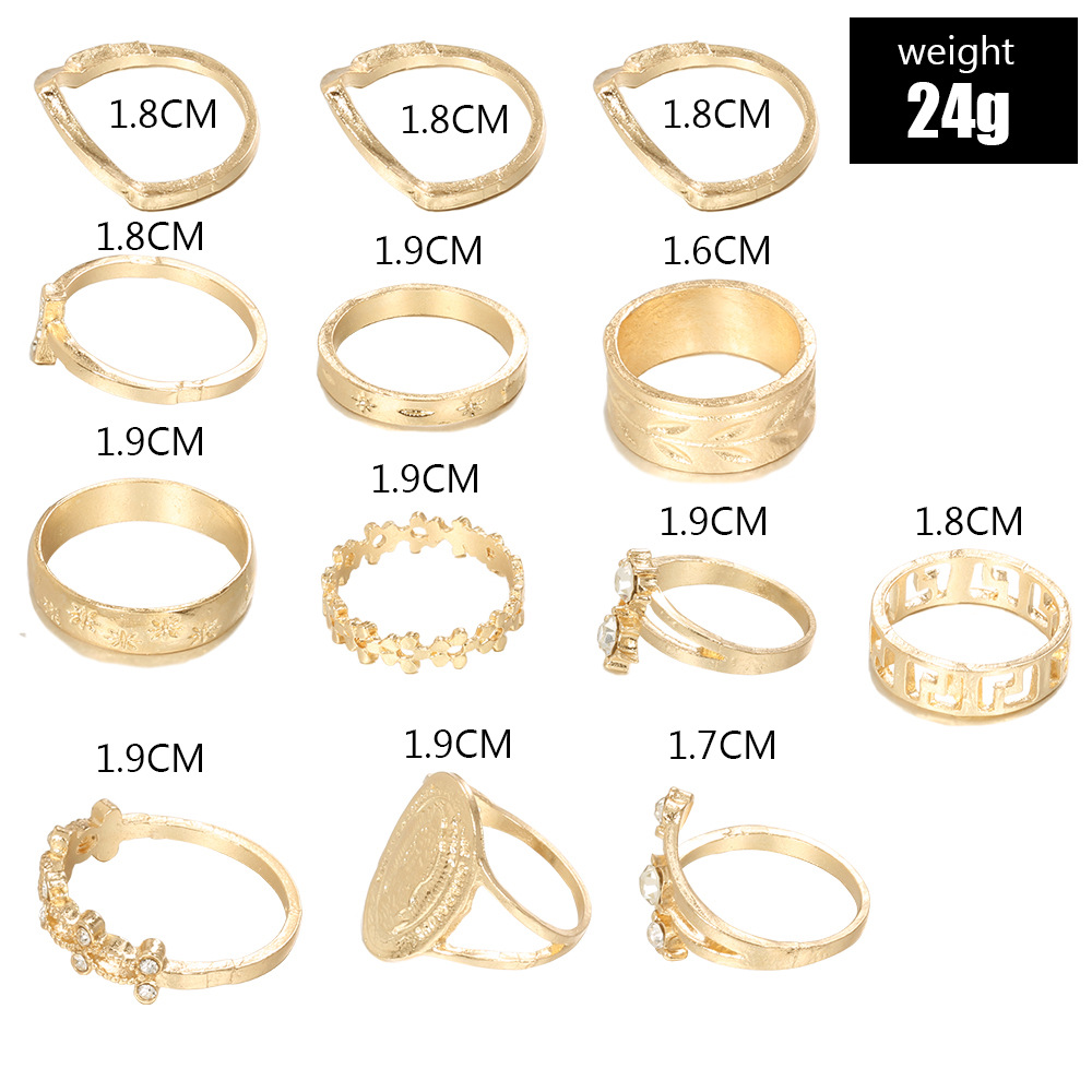 Retro Letters Diamond Pattern Flower Leaf Ring 13-teiliges Set display picture 1