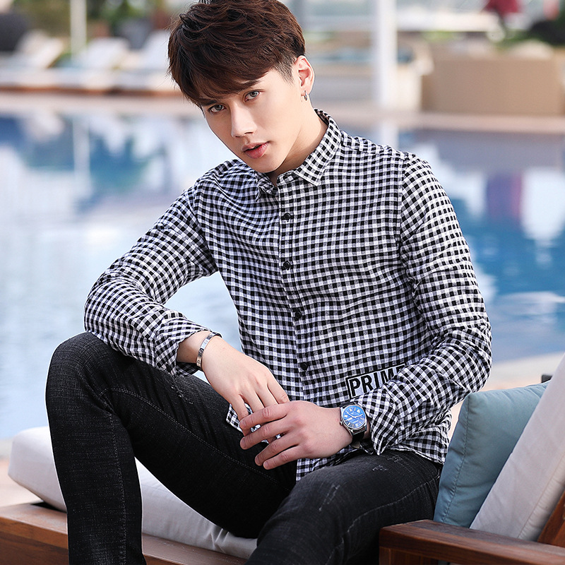 2019春季新款男式衬衫长袖纯色立领商务修身时尚青少年百搭男衬衣