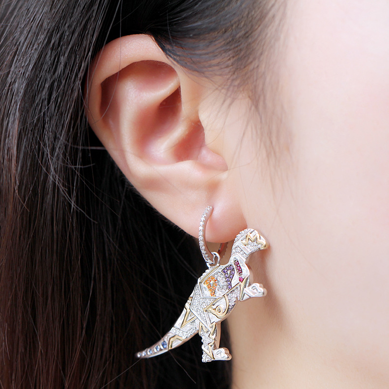 Aretes De Dinosaurio Asimétricos De Diamantes Pendientes De Animales De Moda display picture 1