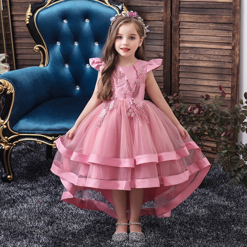 princess embroidered dress Baby Girl First Communion Dress Children Flowers Embroidery Puffy Princess Dress, Pink White / 5-6 Years (130cm)