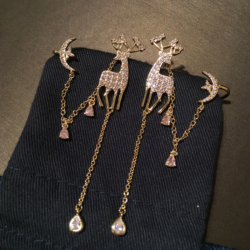 S925 Silver Needle Christmas Deer Long Tassel Earrings Pink Star Moon Ear Bone Clip Earrings display picture 4