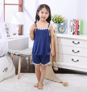 夏季短袖吊带菊花睡衣冰丝童装家居服
