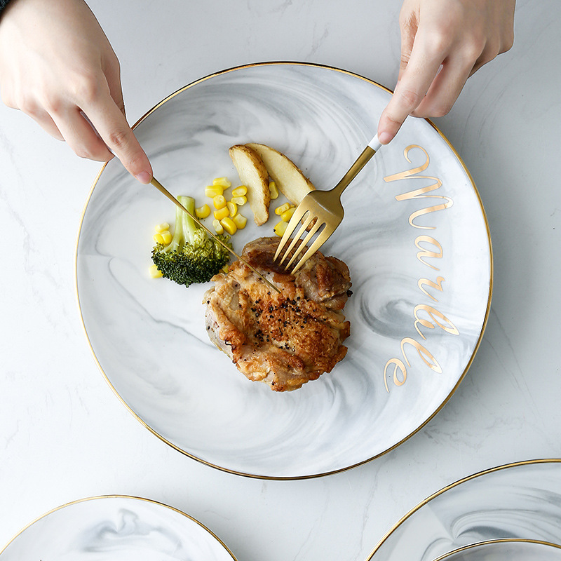 Nórdico marbling vajilla traje creativo plato de cerámica simple oro borde occidental carne plato merienda