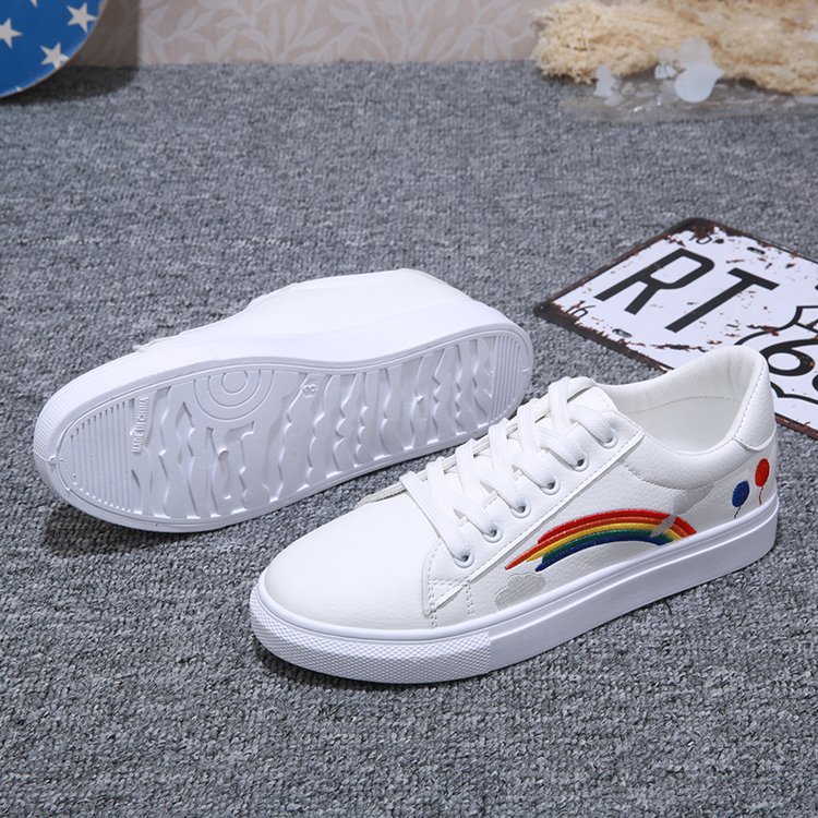 New Small White Shoes Flat Bottom Adhesive Lace Up Single Shoes Korean Rainbow Board Shoes Casual Shoes Wholesale  Lady ShoesPromotion Of Student Women's Shoes