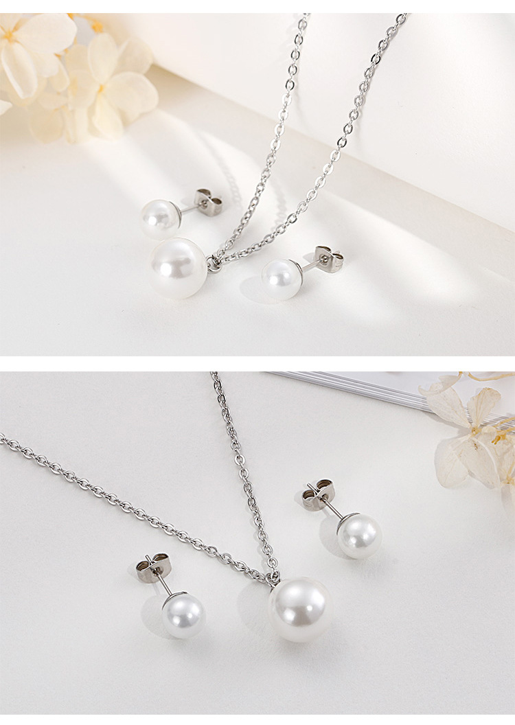 Korean fashion pearl pendant stainless steel earrings set wholesale Nihaojewelry
