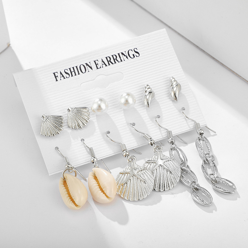 Earrings Marine Wind Pearl Conch Scallop Shell Earrings Earrings 6-piece Set Female display picture 6