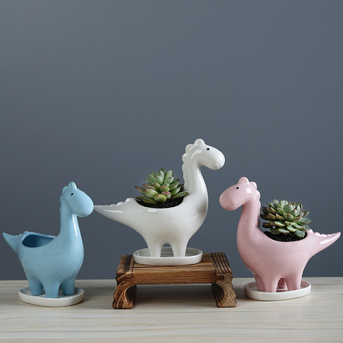 Manufacturer small wholesale gardening cross-border creative succulent flower pot cartoon animal dinosaur ceramic flower pot desktop decoration