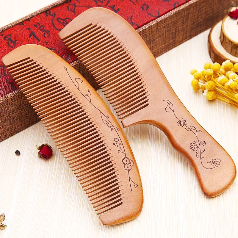 Mountains Peach comb massage scalp Anti-static Pure handwork polish carving Ebony comb household Anti-Hair Loss Combs