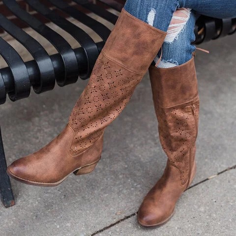 40-43 Foreign Trade Large Size Women's Boots Autumn and Winter Low-heeled Hollow Burned Flower Half Zipper Knight Boots High-barreled Knee-high Boots X37