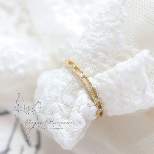925 sterling silver plated with 14k gold, 7 small diamonds, small fresh ring for women, Japanese agete style, slim and versatile, stackable