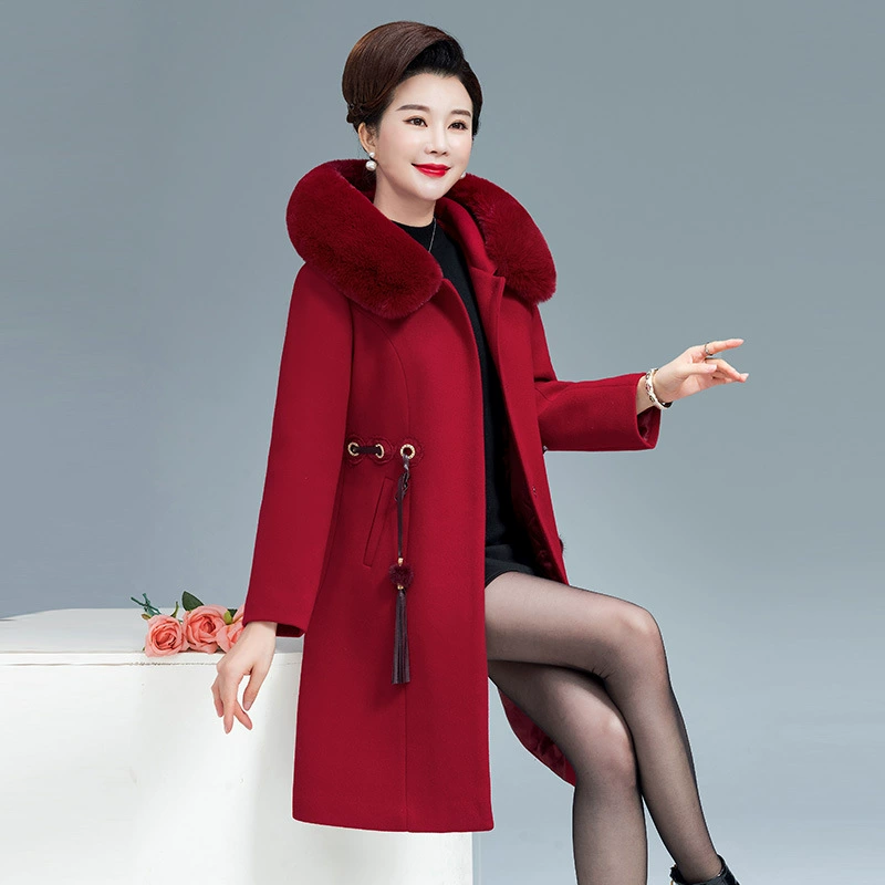 Д demi-season down jacket for mother, long woolen coat, increased thickness, for middle age, mid-length