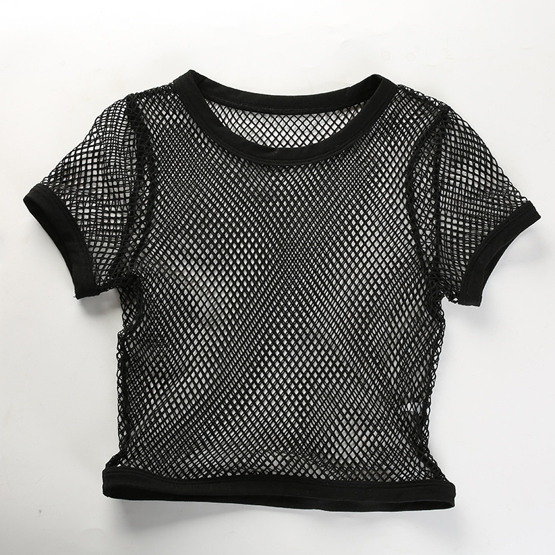 spring and summer sexy mesh hollow short-sleeved T-shirt NSLQ58622