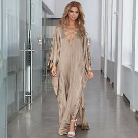 欧美缎面金色超大码宽松连衣裙度假休闲度假沙滩长裙泳衣外搭罩衫