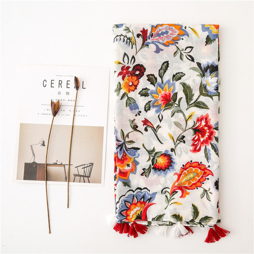 Summer travel sun protection shawl, temperament and versatile, colorful flower print, ethnic style cotton and linen scarf, silk scarf for women