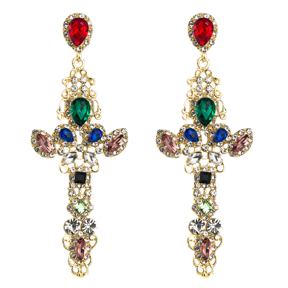 European And American Popular Hot Selling Ladies Earrings Temperament Alloy Hollow Cross With Rhinestones Long Autumn And Winter Net Red Earrings display picture 18