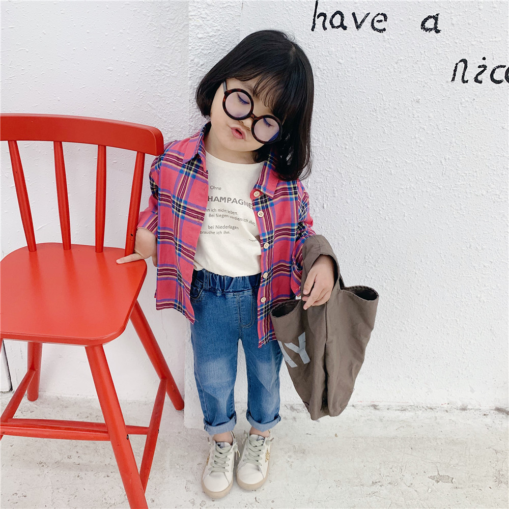 2019 Spring New products Korean Edition children lattice shirt men and women pinkycolor shirt Versatile Tidal range