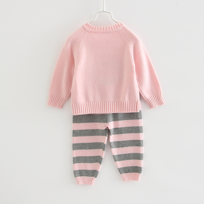 Primavera y otoño bebé suéter ropa infantil de algodón cuello redondo bebé de punto camisa de punto a rayas pantalones de punto traje de dos piezas