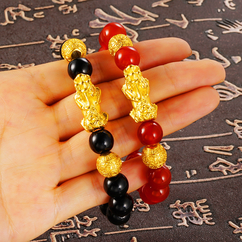 Popular Vietnam terciopelo arena oro en línea transmisión en vivo Buda cuentas pareja pulsera ágata imitación obsidiana pulsera al por mayor