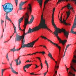 时尚女装面料针织纬编绒布红色玫瑰花烧花烂花人棉粘胶天鹅绒布