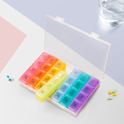 28格塑料藥盒壹周7天收納防潮彩虹便攜旅行分格分裝保健小藥盒子