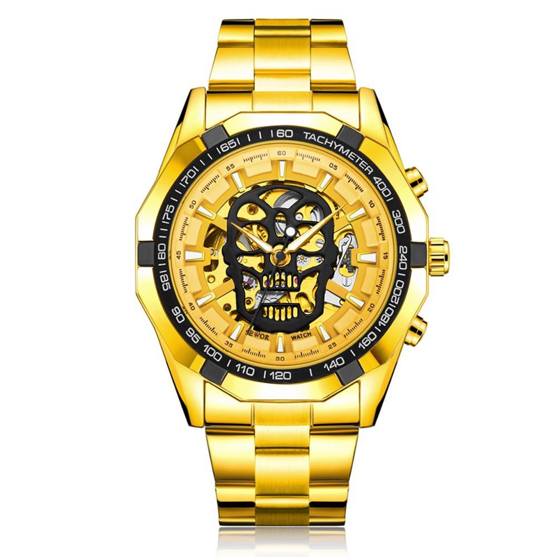 SEWOR correa de acero de la moda de los hombres reloj mecánico automático cráneo luminoso impermeable reloj hueco transparente inferior 740