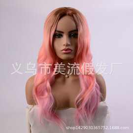 外贸欧美假发女长卷发玫红色化纤高温丝染色渐变动漫COS发套批发