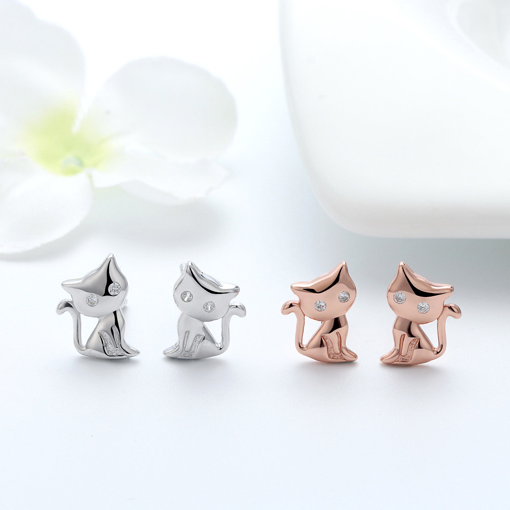 Cute Style 1 Pair 925 Sterling Silver Zircon Cat Ear Studs