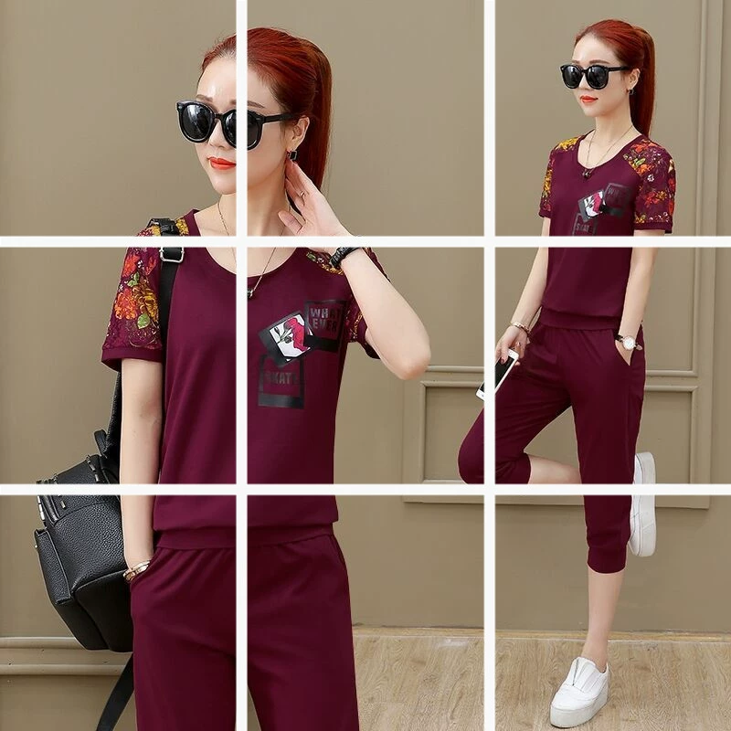 2019 весна и лето новый спортивный костюм женский корейский толстый MM повседневный бег с короткими рукавами, укороченные брюки из двух частей женский набор