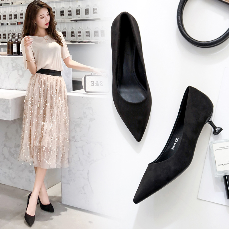 工厂货源2019新款欧美高跟鞋细跟单鞋黑色时尚猫跟百搭女鞋批发