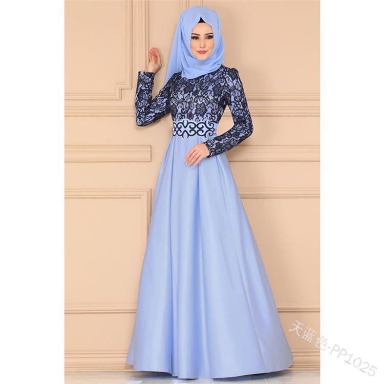 Factory direct supply European and American lace panels vintage pola skirt Muslim ethnic style long sleeve slim dress 1025