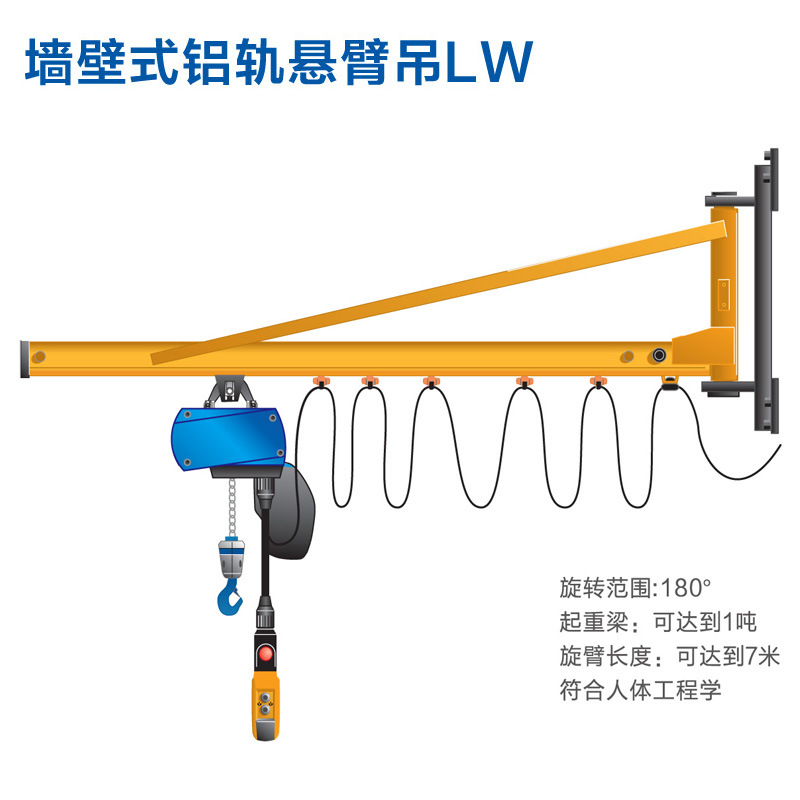 墙壁式铝合金悬臂吊 挂壁式轻型125kg旋臂小型起重机 铝合金轨道