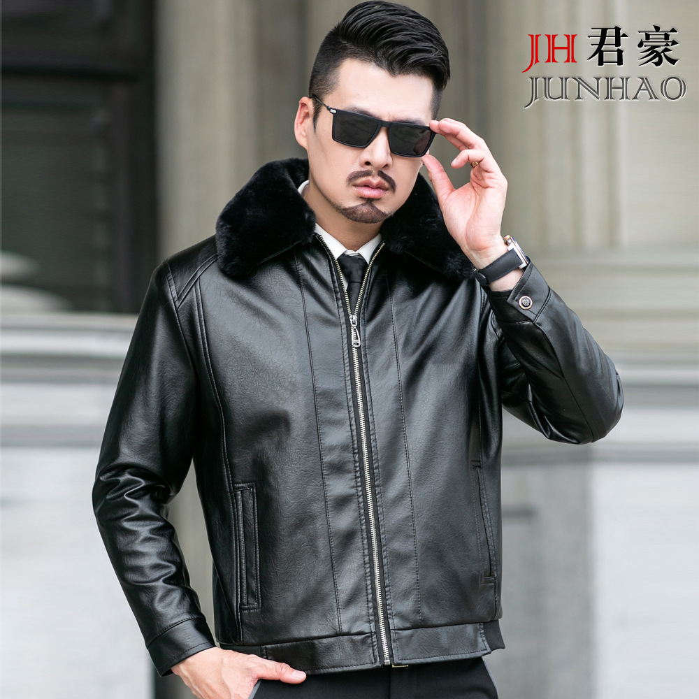 冬季新品推荐翻领拉链中老年皮衣男加绒加厚皮毛一体男装毛领外套
