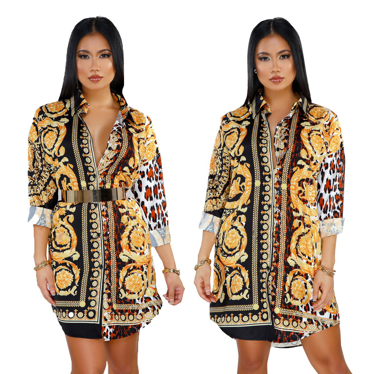 Multicolor Print Long Sleeve Shirt Dress NSMRF116547