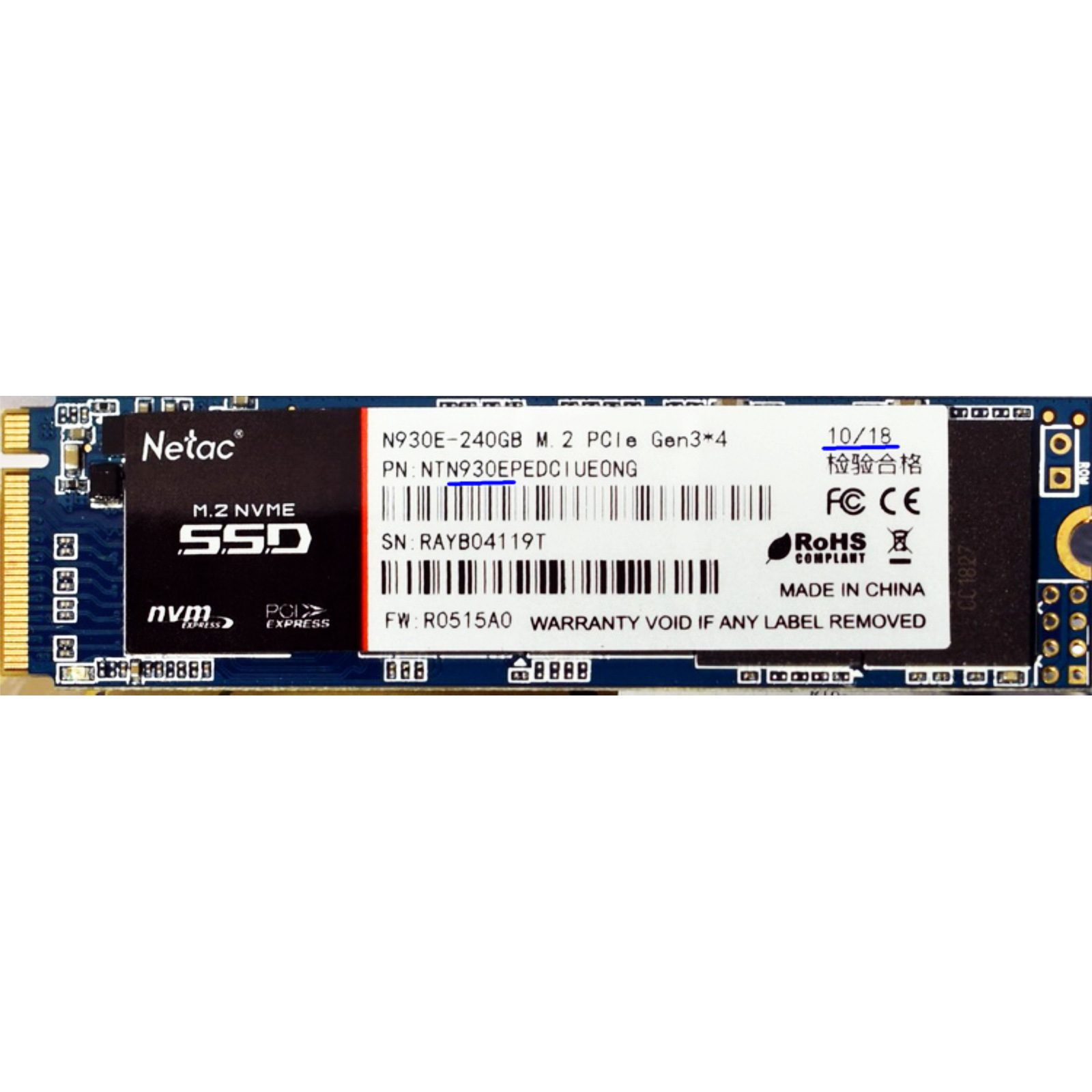 Netac N930E 240GB M.2 2280 NVMe PCIeX4 channel SSD