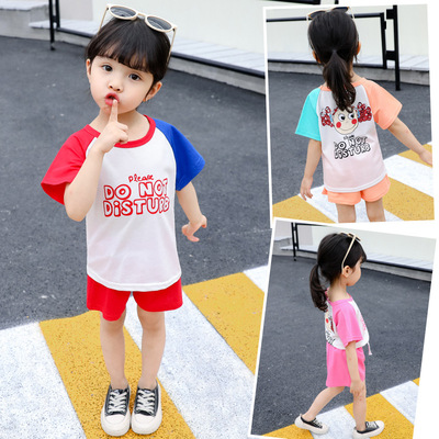 女童可爱娃娃头印花套装2019新款夏季卡通中小童短袖撞色两件套