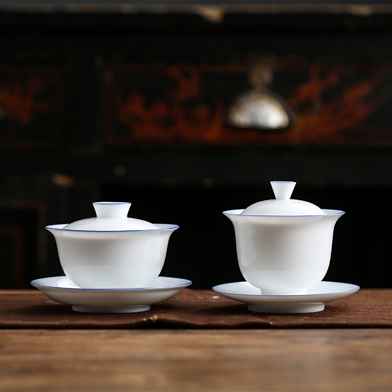 薄胎玉白瓷三才蓋碗簡約陶瓷手抓功夫泡茶碗蓋杯半手工茶具家用