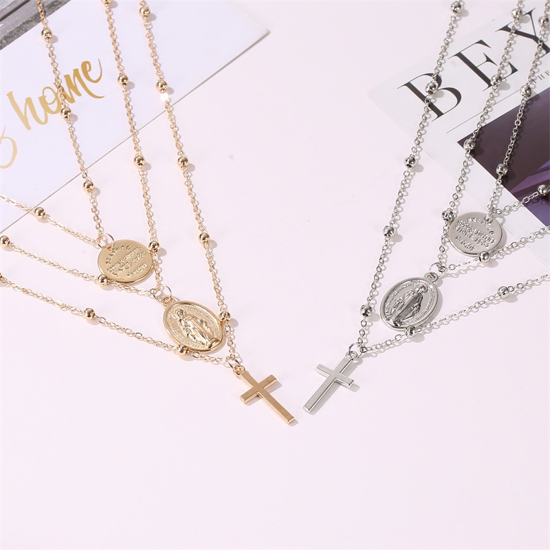 Fashion Multi-layer Cross Necklace Metal Three-layer Letter Pendant Wholesale Fashion Jewelry display picture 2
