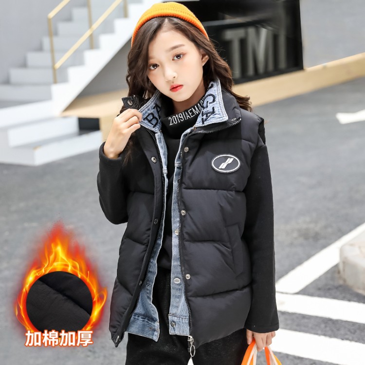 女童馬甲外套冬裝2019新款洋氣中大童羽絨棉上衣假兩件連帽衣服潮