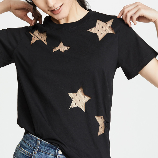 sexy hollow out asymmetric mesh star round collar short sleeve