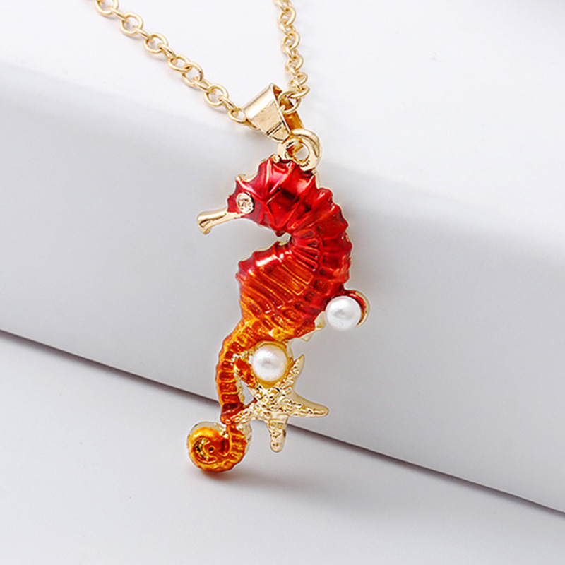 欧美时尚创意新品海洋系列红色海马海星珍珠吊坠项链春纳厂家