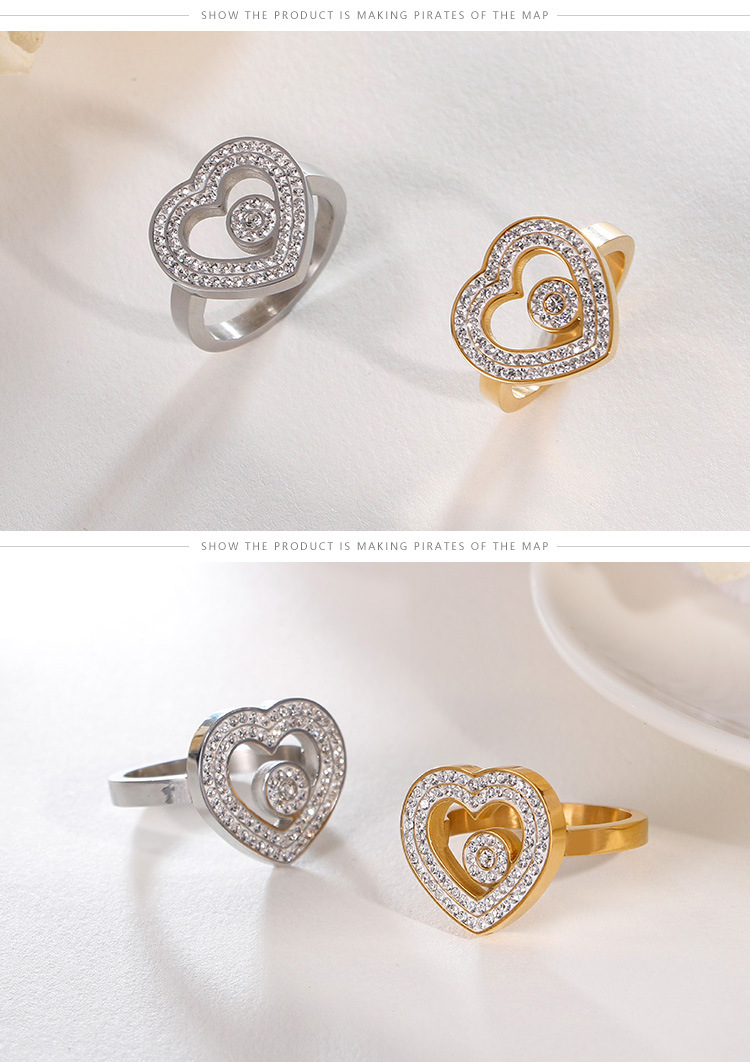 18k Corée Simple En Acier Inoxydable Creux Coeur Incrusté Zircon Anneau En Gros Nihaojewelry display picture 5