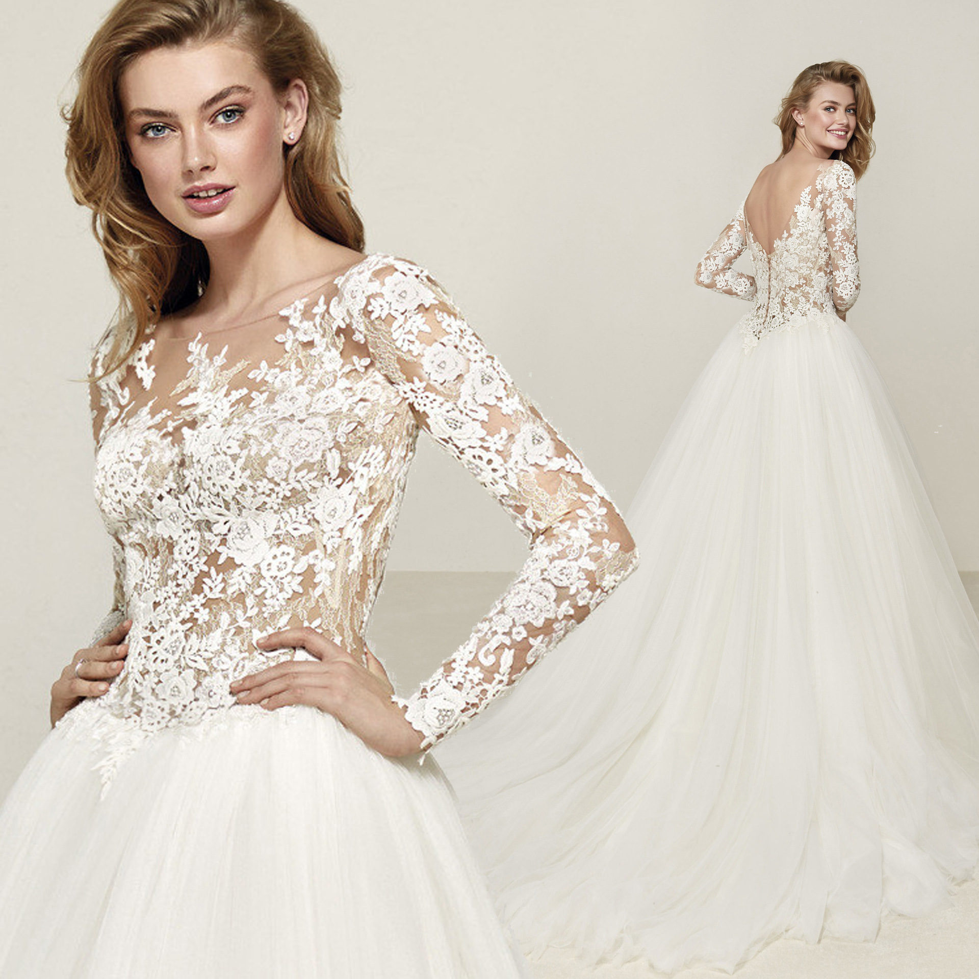 Foreign Trade Women's 2025 New Wedding Dress Round Neck Long Sleeve Elegant Slim Lace Small Tail Style Palace Wedding Dress Travel Photography