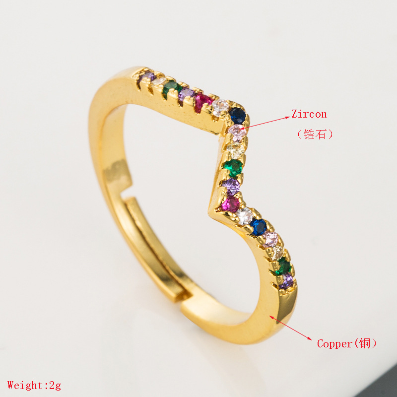 Wavy Ring Female Irregular Copper With Colored Zircon Rings Rainbow Ring display picture 1